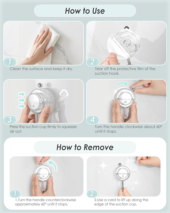 Suction Cup Hooks for Shower, Upgrade Twist-Lock Clear Suction Towel Hooks Heavy Duty Removable Bathroom Suction Hooks for Shower Tile Wall Glass Door Window 2 Pack