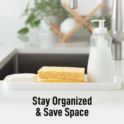Zulay Kitchen Large Silicone Sponge Holder (12x4) – Flexible Sink Organizer Tray for Kitchen & Bathroom – Multipurpose Soap Dish for Sponges, Makeup, Trinkets & More (White)