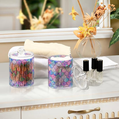 MNSRUU 4 Pack Qtip Holder Organizer Dispenser Colorful Mermaid Scales Bathroom Containers Bathroom Vanity Storage Canister Apothecary Jars for Cotton Swabs/Pads/Floss