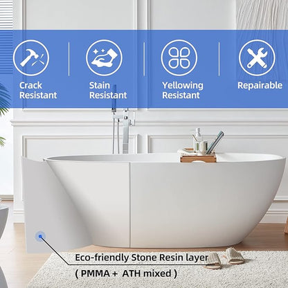 Cpingao 55" Freestanding Bathtub, Oval Shaped Stone Resin Freestanding Tubs, Solid Surface Matte White Soaking Tub with Overflow and Pop-up Drain