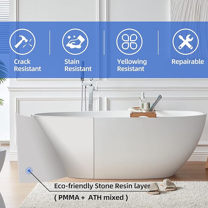 Cpingao 67" Freestanding Bathtub, Oval Shaped Stone Resin Freestanding Tubs, Solid Surface Matte White Soaking Tub with Overflow and Pop-up Drain 8801-1700