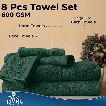DAN RIVER 8 PC Luxury Bath Towels for Bathroom, 2 Bath, 2 Hand, and 4 Wash Cloths, 600 GSM 100% Ring Spun Cotton Towel Set, Highly Absorbent, Gym, Hotel, and Spa, Hunter Green