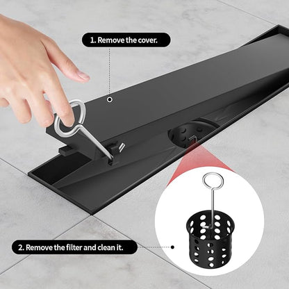Linear Shower Drain, 304 Stainless Steel with Adjustable Leveling Feet, Hair Strainer,Reversely Install Place to Create an Invisible Floor Drain - Black -24-Inch