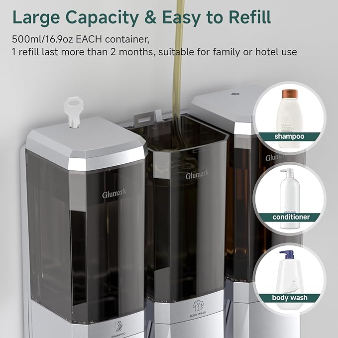 Shampoo and Conditioner Dispenser Wall Mounted No Drill, Shower Soap Dispenser 3 Chamber Shampoo Conditioner Body Wash Refillable 3 * 17oz Shower Soap Dispenser for Bathroom Hotel, Silver+Smoke Gray