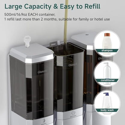 Shampoo and Conditioner Dispenser Wall Mounted No Drill, Shower Soap Dispenser 3 Chamber Shampoo Conditioner Body Wash Refillable 3 * 17oz Shower Soap Dispenser for Bathroom Hotel, Silver+Smoke Gray