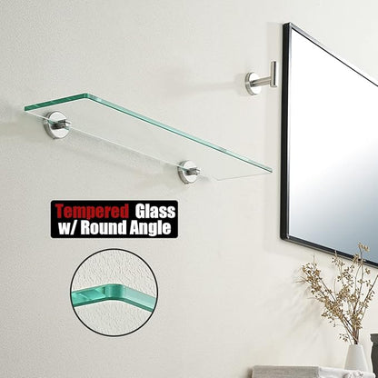 JQK Bathroom Glass Shelf, Tempered Glass Shower Storage 20 by 5 inches, 304 Stainless Steel Brushed Finish Wall Mount, TGS101L20-BN