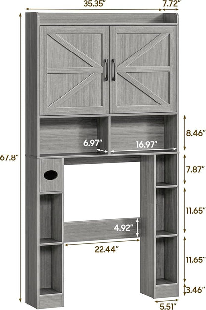 Over The Toilet Storage Cabinet, Farmhouse Toilet Cabinet Rack with Barn Doors, Space Saving Bathroom Organizer with Shelves, Toilet Paper Holder and Towel Rack for Bathroom,Restroom,Laundry,Wash Grey