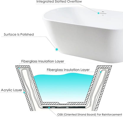FerdY Bali 59" Acrylic Freestanding Bathtub, Gracefully Shaped Freestanding Soaking Bathtub with Brushed Nickel Drain & Minimalist Linear Design Overflow, Glossy White, cUPC Certified