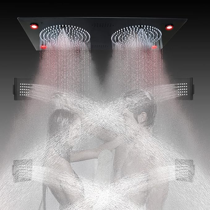 Smart Matte Black Rain LED Ceiling Shower Head With Handheld Spray, 12.5X24.5 Inch Super Large Rectangle Thermostatic Rainfall Shower System Fixtures Set And Body Jets For Double Bath