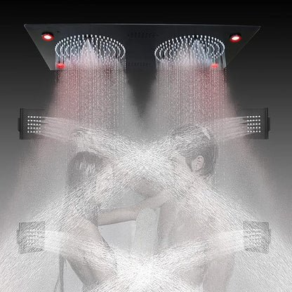 Smart Matte Black Rain LED Ceiling Shower Head With Handheld Spray, 12.5X24.5 Inch Super Large Rectangle Thermostatic Rainfall Shower System Fixtures Set And Body Jets For Double Bath