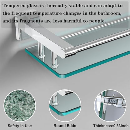 Glass Shelves for Bathroom, 20IN Rectangular Chrome Stainless Steel Tempered Glass Shelf Wall Mount Shelf Sink Over Toilet Modern Bathroom (Chrome Polished, 20‘’)