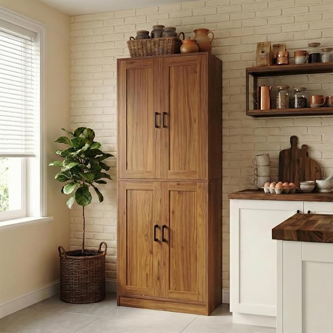 71" Tall Kitchen Pantry Cabinet, Freestanding Food Storage Organizer with Doors & Adjustable Shelves, Large Utility Hutch Cupboard for Dining Room, Living Room, Bathroom & Home Office, Brown