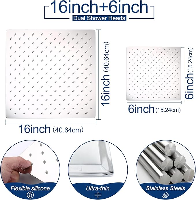 Thermostatic Shower System Dual Shower Heads with 16" Ceiling Mounted Rain Shower Head & 6" Wall Mounted Head 4 Function Full Body Shower System with body jets Can All Run Together, Chrome