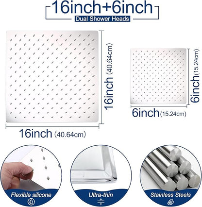 Thermostatic Shower System three Shower Heads with 16" Ceiling Mounted Rain Shower Head & 2 x 6" Wall Mounted Head 4 Function Full Body Shower System Can All Run Together, Chrome