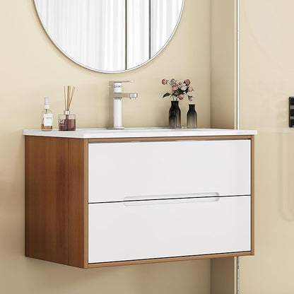 32" Wall Mounted Bathroom Vanity with Sink, Modern Floating Cabinet, Two-Tone Walnut & White Finish, 2 Soft Close Drawers, Handleless Design, Integrated Ceramic Top