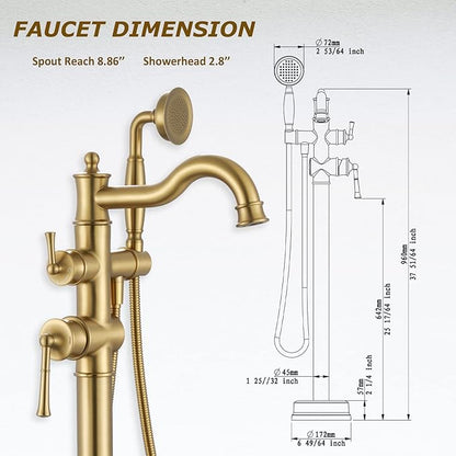 Freestanding Floor Mount Tub Filler with Handheld Shower Roman Bathtub Faucet by Brushed Gold Finish, Swivel Spout with Brass Rough-in and Water Hose
