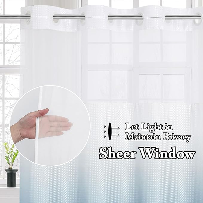 Gibelle No Hook Waffle Weave Shower Curtain with Snap-in Fabric Liner Set for Bathroom, Hotel Style with Mesh Top Window, Waterproof & Washable, Ombre Blue, 72x74