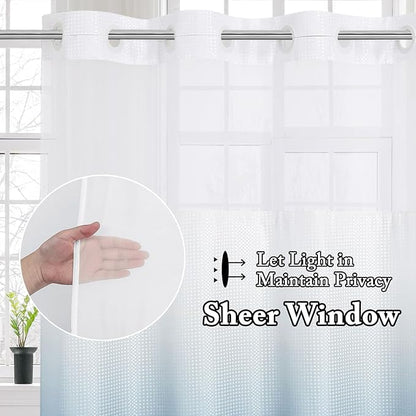 Gibelle No Hook Waffle Weave Shower Curtain with Snap-in Fabric Liner Set for Bathroom, Hotel Style with Mesh Top Window, Waterproof & Washable, Ombre Blue, 72x74