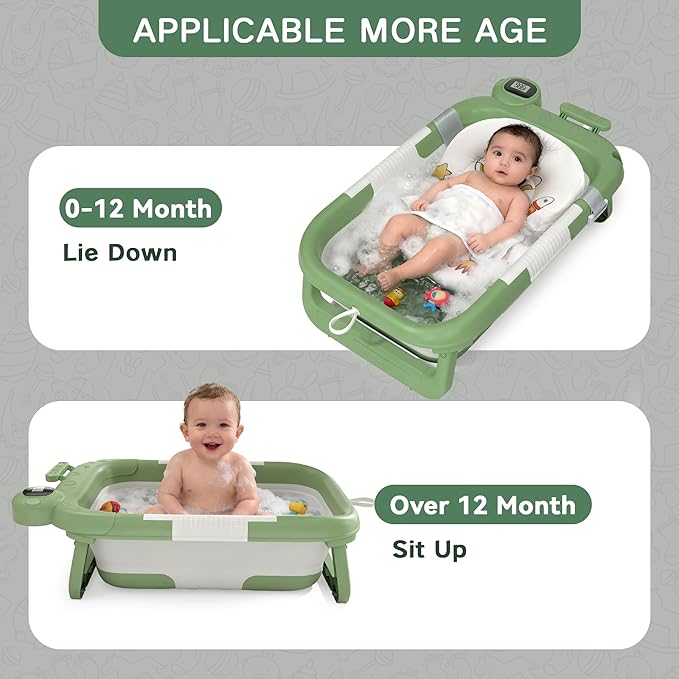 Collapsible Baby Bathtub for Newborn to Toddler (0-24 Months), Portable Baby Bath Tub for Travel, Newborn Bathtub with Soft and Supportive Cushion (Astronaut-Green)