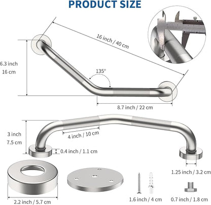 16 Inch Angled Shower Grab Bar, Munzong 2 Pack Anti Slip Satin Brushed Nickel Bathroom Grab Bar, Knurled Bathroom Balance Bar,Safety Hand Rail Support Handicap Elderly Injury Senior Assist Bath Handle