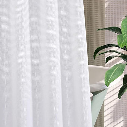 MitoVilla White Waffle Small Stall Shower Curtain Liner Set 36 x 74, No Hooks Required Half Size Narrow Fabric Shower Curtain with Snap-in Liner for Modern Farmhouse Bathroom Decor
