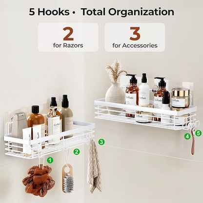 Orimade Shower Caddy with 5 Hooks for Hanging Razor and Sponge Adhesive Shower Shelf Basket Bathroom Storage Organizer Kitchen Rack No Drilling Stainless Steel Rustproof - 2 Pack,White