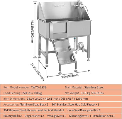 38" Professional Dog Wash Station, Stainless Steel Dog Grooming Tub for Large, Medium & Small Pets - with Anti-Slip Stairs, Drain & Door, Silver