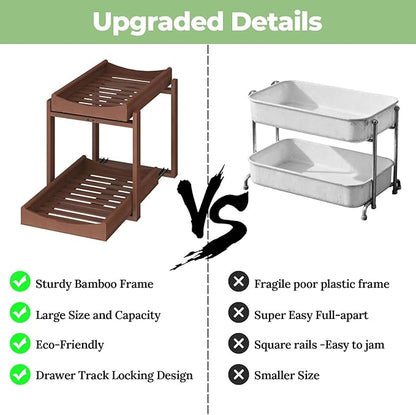 Bamboo Under Sink Organizer and Storage, 2 Pack Pull Out Cabinet Organization, 2 Tier Vertical Slide Out Undersink Storage Shelf, Multi-Purpose Organizer Shelves for Kitchen Bathroom Medicine, Brown