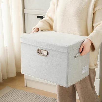 PRANDOM Large Collapsible Storage Bins with Lids [3-Pack] Fabric Foldable Storage Boxes Organizer Containers Baskets Cube with Cover for Home Bedroom Closet Office Beige(17.3x11.8x11.8)