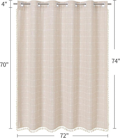 MitoVilla No Hooks Needed Boho Farmhouse Shower Curtain with Snap-in Liner, Cotton Linen Fabric Shower Curtains with Tassels for Rustic Neutral Bathroom Decor, Beige/Cream, 72 x 74