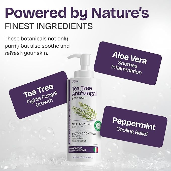 Antifungal Tea Tree Body Wash - Antibacterial Body Wash for Jock Itch, Eczema, Back Acne, Ringworm Treatment for Humans | Antibacterial Soap For Men & Women with 1% Tolnaftate & Tea Tree Oil - 16.9 oz