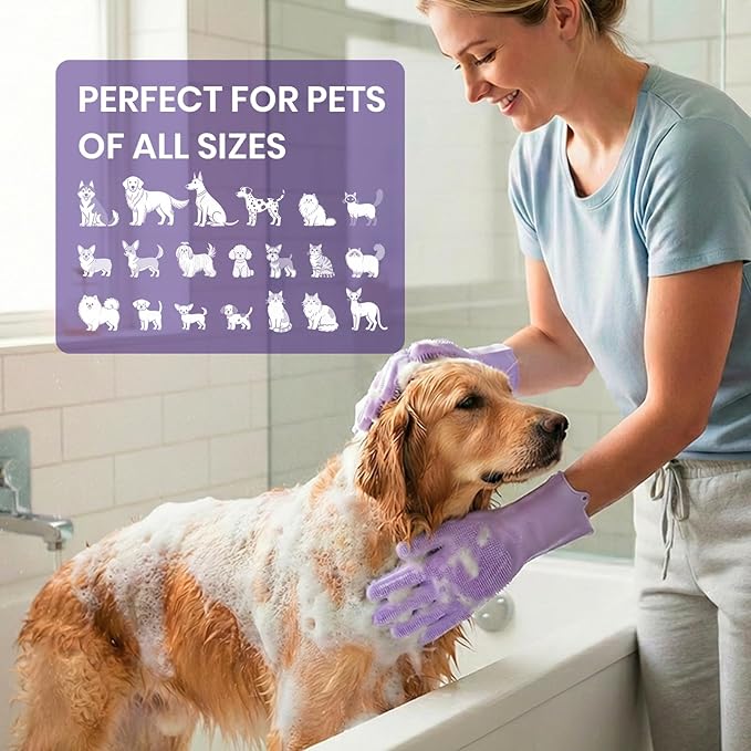 DELOMO Dog Washing Gloves 1 Pair: Soft and Gentle Silicone Pet Grooming Gloves - Bathing Scrubber Brush Mitt Grooming Shedding Fur Removal Massage for Dogs/Cats/Horse, Purple