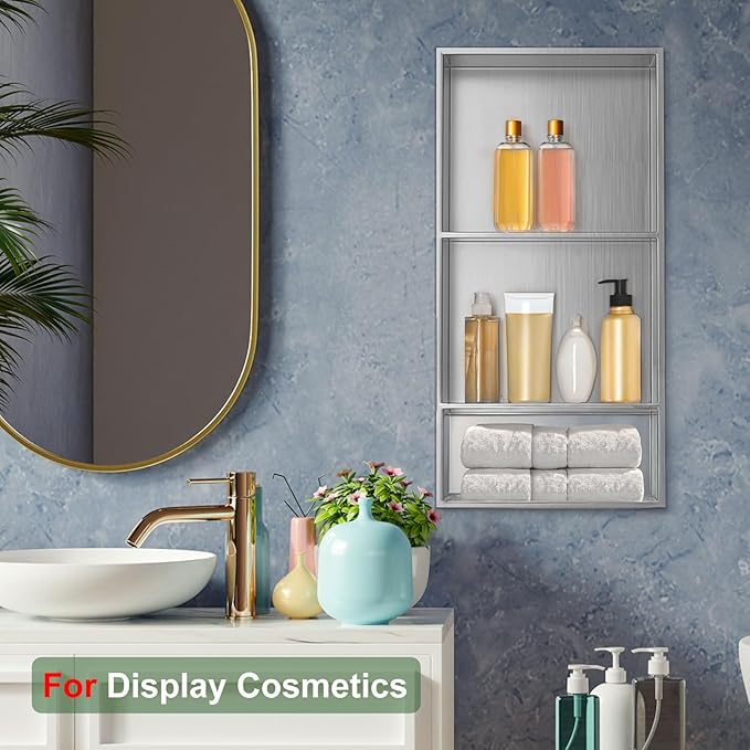 Shower Niche,12 * 30 Stainless Steel Elegant Bathroom Niche, No Tile Needed Recessed Shower Shelf Organizer for Storage,Silver