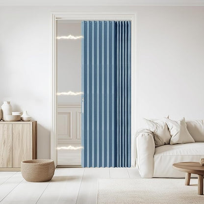 Accordian Door Curtain, 100% Blackout Folding Magnetic Doorway Curtains,Linen Style Closet Doors,for Room Divider,Privacy Protection（W52 x L78,Blue,1 Panel）