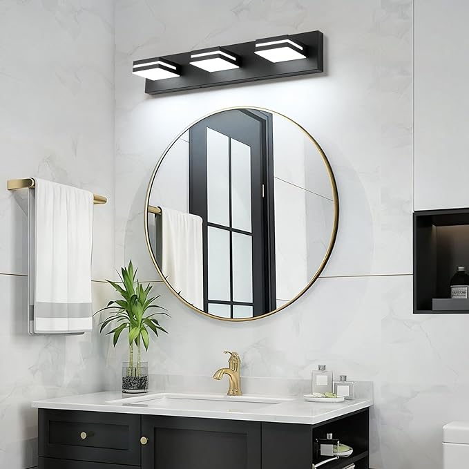 SineRise LED Modern Bathroom Vanity Light Fixtures, Modern Acrylic Bathroom Wall Lighting Fixtures Over Mirror (Cool White 6000K) (3-Light, 24-Inch), Matte Black- Non-dimmable