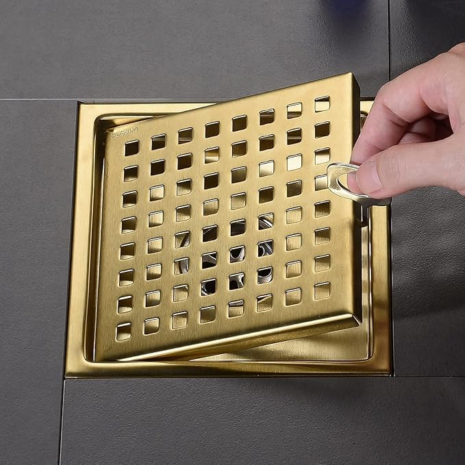 Square Shower Floor Drain Brushed Gold 6 Inch，Grille with Removable Cover,SUS304 Stainless Steel