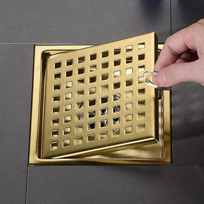 Square Shower Floor Drain Brushed Gold 6 Inch，Grille with Removable Cover,SUS304 Stainless Steel