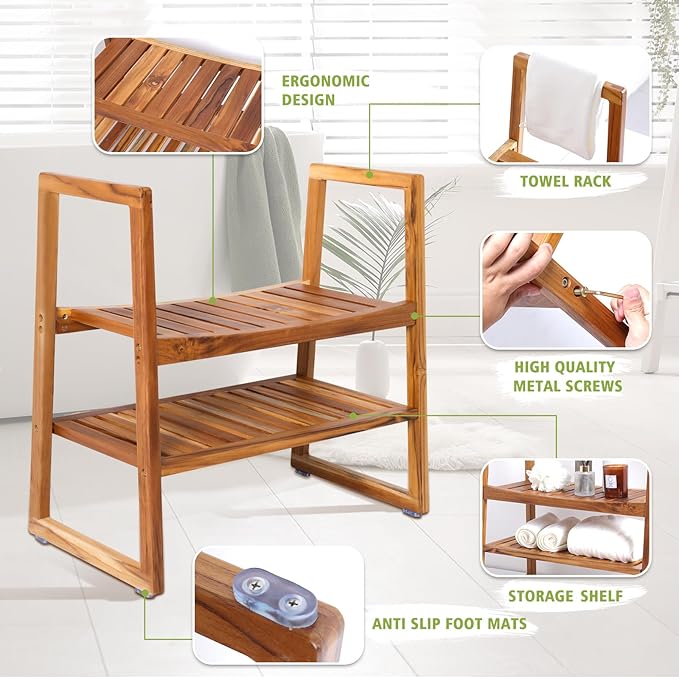 VVW Teak Shower Bench - Shower Seat with Arms Storage Shelf,26 Inch Teak Wood Shower/Wooden Bathroom 2-Tier Spa Bathing Stool/Waterproof,Shower Seat for Adults Elderly,Indoor and Outdoor Use