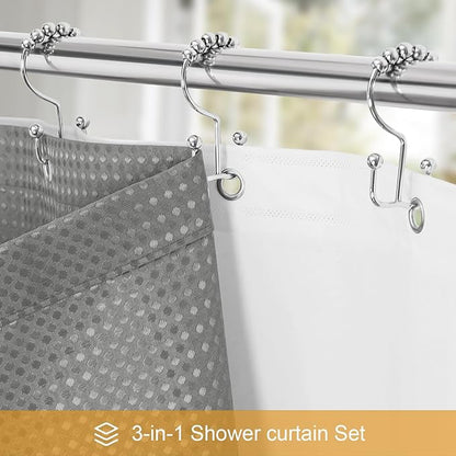 3 in 1 Shower Curtain Set, Grey Waffle Shower Curtain and PEVA Liner Set with 12 Stainless Steel Shower Curtain Hooks, Gray Waterproof Fabric Shower Curtains for Bathroom, 72 W x 72 H