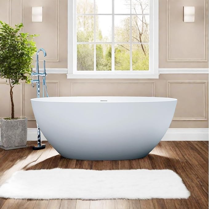 55'' Resin Stone Soaking Bathtub Freestanding Bathtub Solid Surface Modern Tubs with Overflow and Pop-up Drain in White…