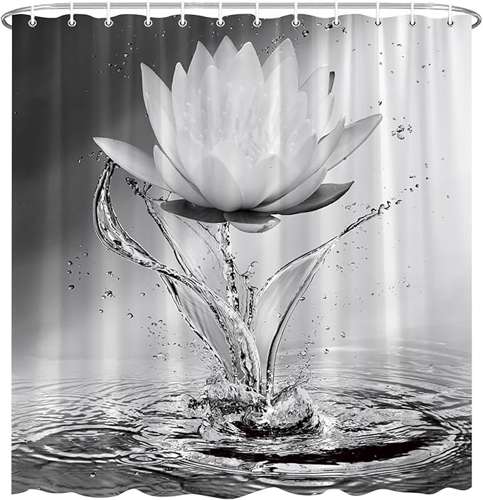 Lotus Shower Curtain Black White Grey Flower Elegant Blooming Floral with Dew Spring Flower Reflection on Water Modern Romantic Polyester Fabric Bathroom Decor 86×70 Inch with Hook