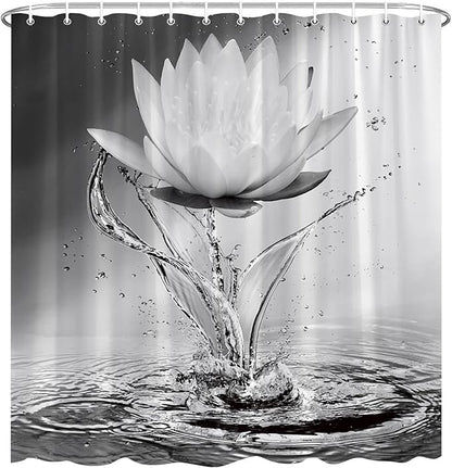 Lotus Shower Curtain Black White Grey Flower Elegant Blooming Floral with Dew Spring Flower Reflection on Water Modern Romantic Polyester Fabric Bathroom Decor 70×84 Inch with Hook