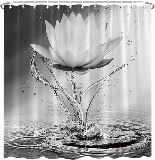 Lotus Shower Curtain Black White Grey Flower Elegant Blooming Floral with Dew Spring Flower Reflection on Water Modern Romantic Polyester Fabric Bathroom Decor 108×70 Inch with Hook