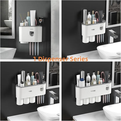 No-Drill Wall Mounted Toothbrush Holder, Bathroom Shelf, with Automatic Toothpaste Dispensers 4 Brush Hooks 4 Magnetic Cups 1 Cosmetic Drawer Organizer and Large Storage (1 Dispenser 4 Cups)
