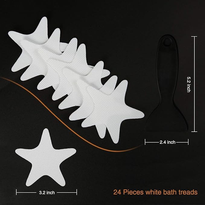 Anti Slip Shower Stickers 24 PCS Safety Bathtub Strips Adhesive Decals with Premium Scraper(White Star)