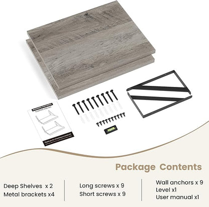 Dreamland Grey Floating Shelves for Wall, Brown Wood Wall Mounted Shelves, Large Floating Shelf 12 * 16 inch Set of 2 for Bookshelf Living Room Bedroom Home Office Bathroom