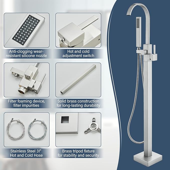 Freestanding Tub Filler, Floor Mount Bathtub Faucet with Hand Shower, High Flow 360° Swivel Spout Shower System for Bathtub, Brushed Nickel
