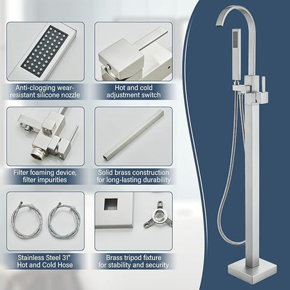 Freestanding Tub Filler, Floor Mount Bathtub Faucet with Hand Shower, High Flow 360° Swivel Spout Shower System for Bathtub, Brushed Nickel