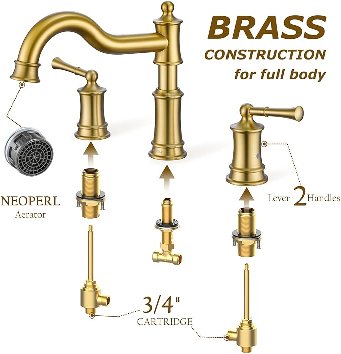 Roman Bathtub Faucet Deck Mount Tub Faucet for Bathroom Widespread Elegant Classic Spout with 3 Holes 2 Handle Valve Cartridge Included,Brush Gold