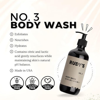 Rudy's No. 3 Body Wash - Natural Ingredients, Sulfate & Paraben Free - Exfoliates, Nourishes, and Maintains pH Balance (16 fl oz)